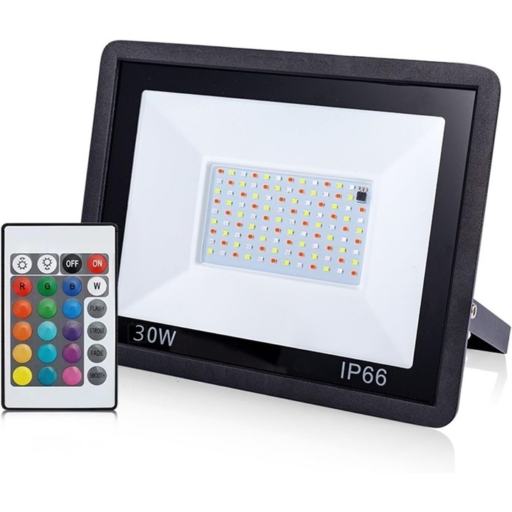 LED spot projektor 30W, RGB 16 millió szín, IP66 időjárásálló, állítható sugárszög 15-30°, WiFi/DMX/IR távirányítóval, 2700 lm, alumínium ház