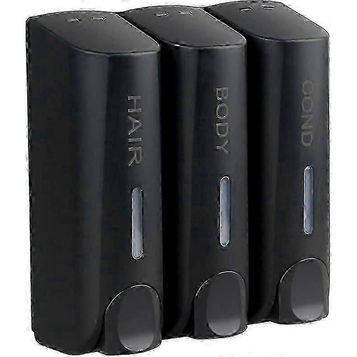 3 darabos szett, Fali folyékony szappan adagoló (dispenser) ABS-ből, újratölthető, szivárgásmentes, Matt fekete, 3 x 350ml