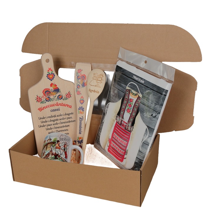 Pachet Cadou Premium Romania, Motiv Traditional Port Popular - Set Suvenir si Protocol 6 Piese: Tocalor, Spatula, Lingura Lemn, Sort, Cana si Cutie