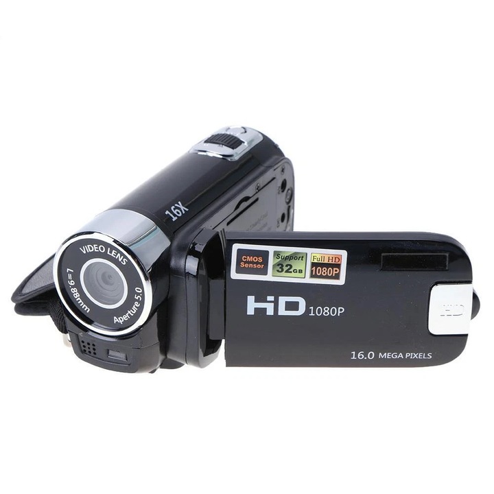 Camera digitala, camera video 16 MP, Full HD 1080p, zoom digital 16x, ecran rotativ 2.7 inch (270°), redare Mini DV integrata, Negru
