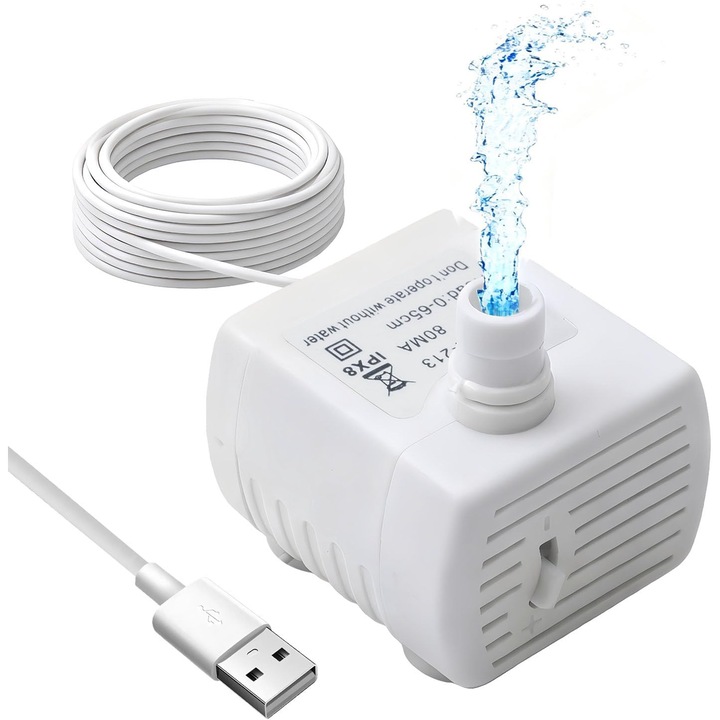 Macska szökőkút és akvárium vízpumpa, univerzális 5V, állítható áramlási sebesség 120-300 L/h, ultra-csendes 25 dB alatt, IP68, USB kábel 180 cm, 3 tapadókorong, fehér, 1 db