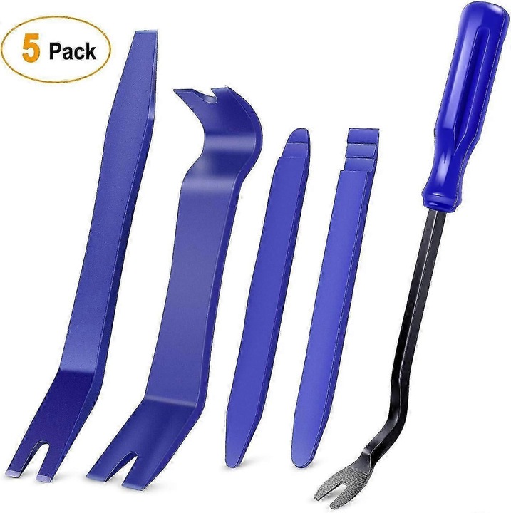 Kit de scule pentru demontare ornament auto CJ-FU-K0384-260825-3867, 5 piese, instrumente plastice anti-zgariere + levier metalic, albastru