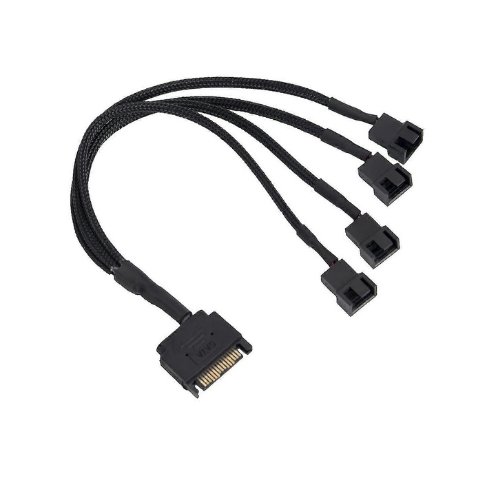 Cablu adaptor ventilator PC 15 pini SATA la 3x 3/4 pini PWM, negru, 27cm