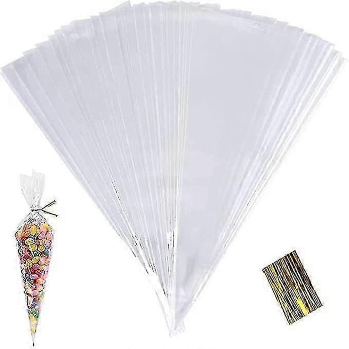 Set 100 bucati, pungi con din opp alimentar, transparente, cu 100 sarme de legare aurii, 13 x 25 cm