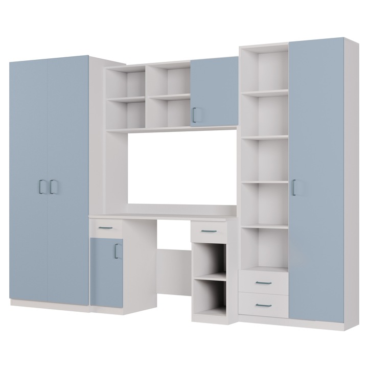 Mobila Tineret, Meblast, Bravo, 280x200x53 cm, Alb, Albastru Kretan, Birou Integrat, Sifonier, Spatiu Confortabil Invatare