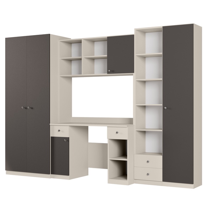 Mobila Tineret, Meblast, Bravo, 280x200x53 cm, Bej Casmir, Gri Grafit, Birou Integrat, Sifonier, Design Modern Camere