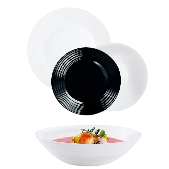 Luminarc Harena 239 étkészlet, 18 db-os, 6 személyes, Fekete/Fehér