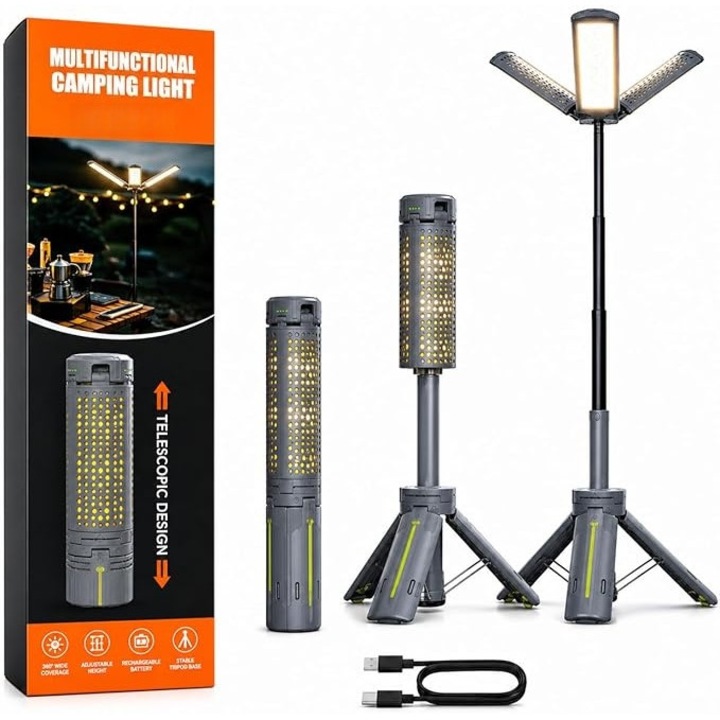 Kültéri kempinglámpa, Dnntunk, 4 az 1-ben teleszkópos lámpa állvánnyal, 6 világítási mód, 3000 lumen, 10400mAh akkumulátor Power Bank funkcióval, IP44 vízálló, állítható magasság, ideális kempingezéshez, autószervizhez és kertbe, szürke