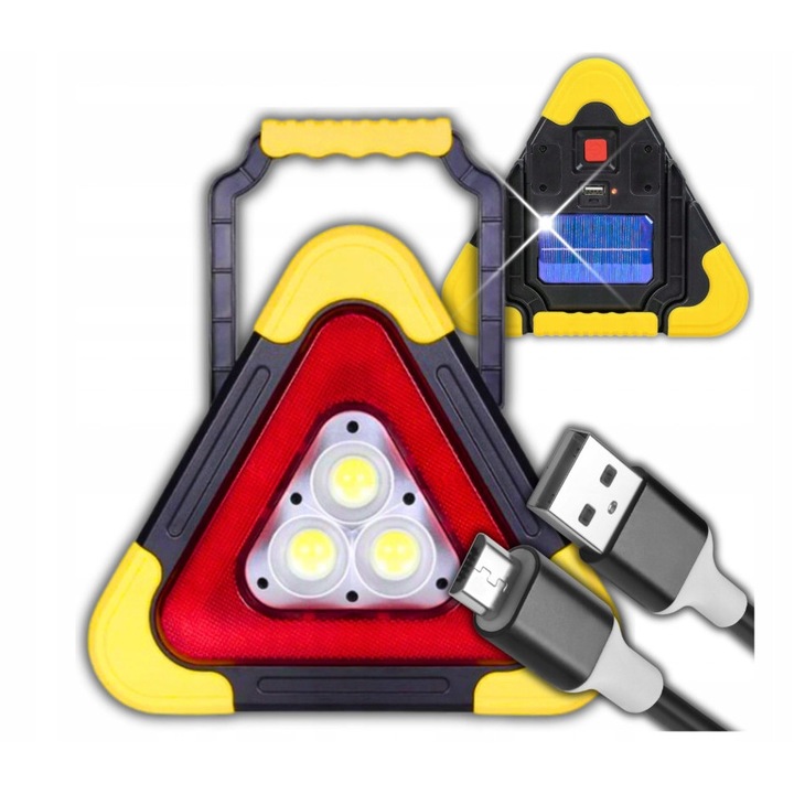 Triunghi de avertizare reflectorizant cu lanterna LED, power bank cu panou solar si incarcare USB, maner pliabil, multicolor, 1 buc