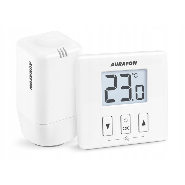 Auraton 200 TRA hőmérséklet-szabályozó készlet elektronikus termosztatikus fejjel, vezeték nélküli, kétirányú kommunikáció, megvilágított LCD kijelző, fehér, 1 szett