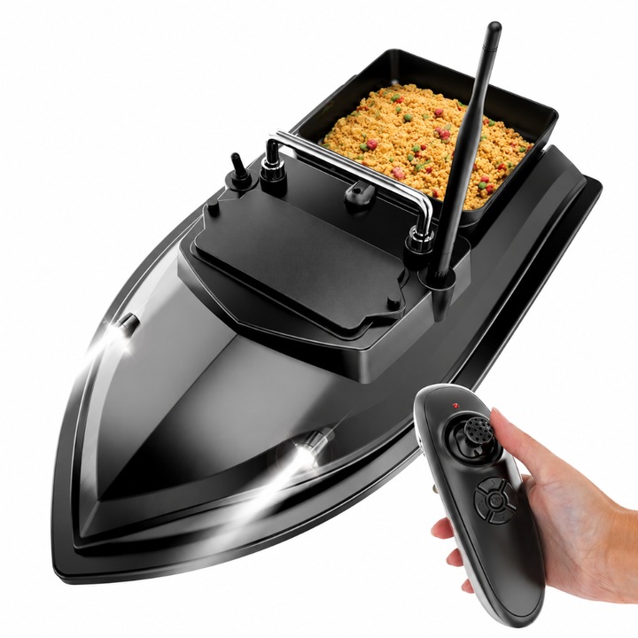 Barca Plantat, Nadit si Momit, Capacitate 2kg, Raza de Actiune 500m, Cruise Control, Iluminare LED, Alerta Baterie Descarcata, Cuva, Antena, Control Telecomanda, 12000mAh, Negru