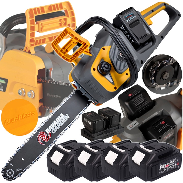 Láncfűrész / motorfűrész Bavaria BVCDCH01, kefe nélküli motor, 21V akkumulátoros tápellátás, 4 db 21V 4000mAh akkumulátor, dupla töltő, 16'' (450 mm) vezetőlemez, fekete/sárga, komplett készlet