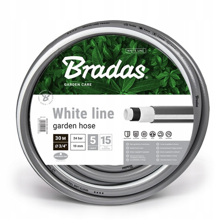 Bradas White Line WWL3/430 kerti tömlő, 5 rétegű, kötött erősítésű, mérgező anyagoktól mentes PVC-ből, UV-álló, O 3/4 (19 mm), szürke/fehér, 30 m