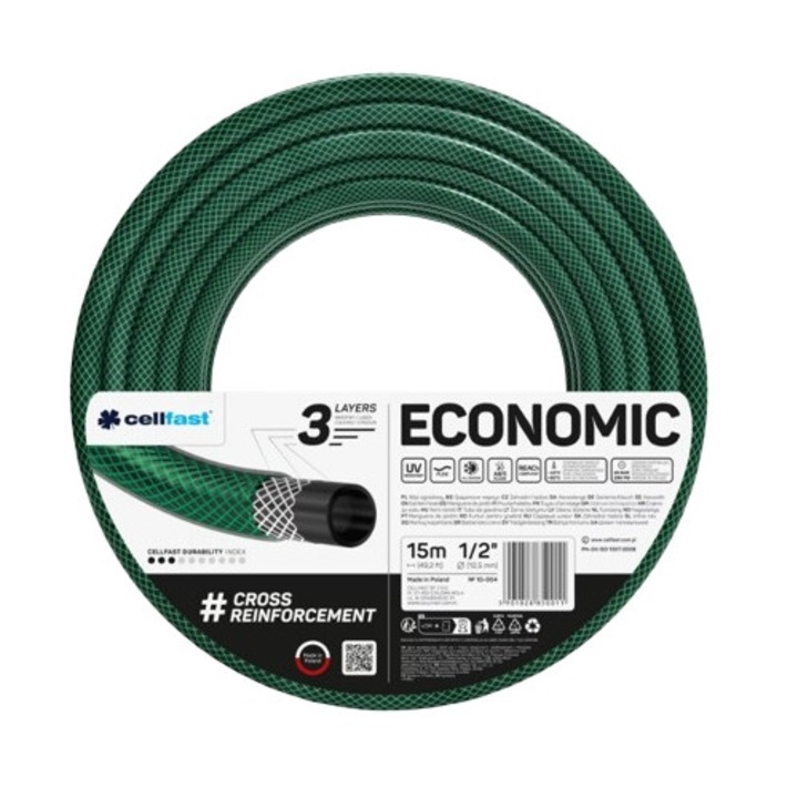 Cellfast ECONOMIC kerti tömlő, víztömlő, 3/4", 3 rétegű, UV-álló, erősített, rugalmas, zöld, 15 m