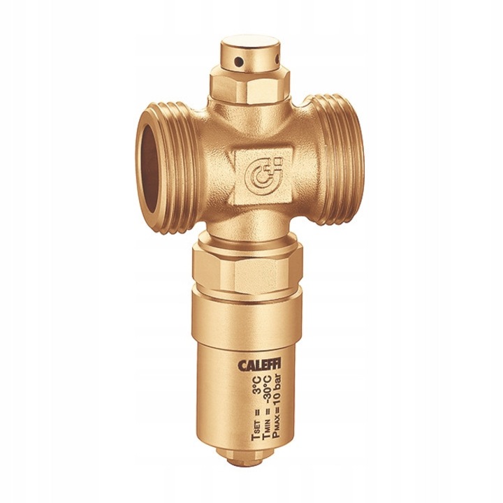 Caleffi 108-as sorozatú fagyvédelmi szelep, 1 hüvelyk DN25, nyitás 3°C-on, sárgaréz test, Kv 55 m3/h, bronz, 1 db