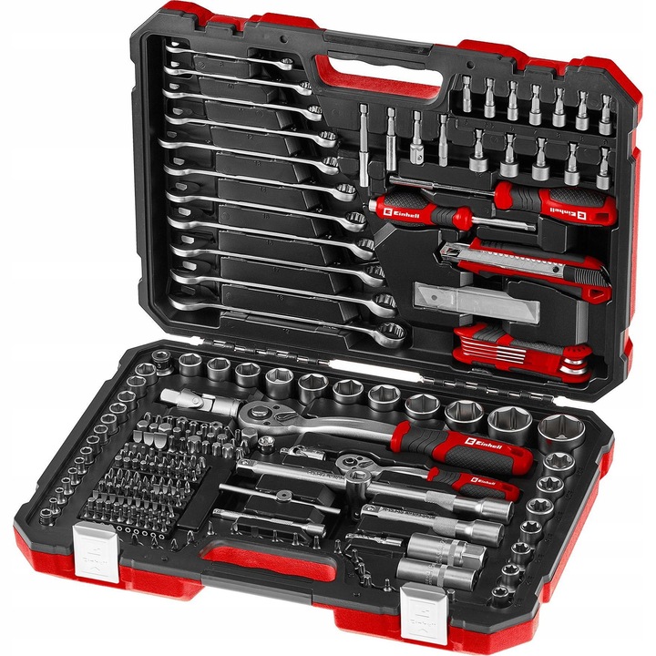 Einhell 233 részes szerszámkészlet, strapabíró műanyag koffer, 2 db XXL racsnis kulcs (1/4'' és 1/2'', 72 fog), Cr-V kulcsok 8–19 mm, dugókulcsok és bitek PH/PZ/SL/T/H/M, Fekete/Piros, 46x33x9.6 cm