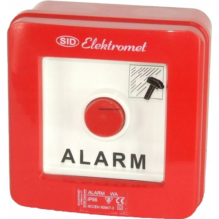 Riasztógomb/riasztókapcsoló Elektromet WA-1s, felületre szerelhető, 1NC/1NO, védőüveggel, IP55, piros, 1 db