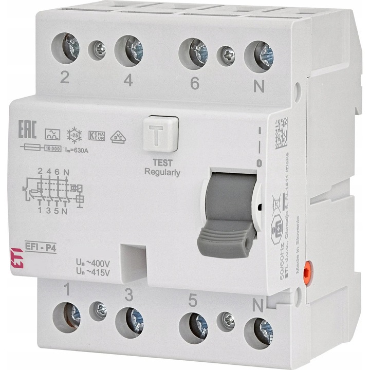 Intrerupator diferential ETI Polam EFI6-P4, 3P+N, 16A, 100mA tip A, montaj pe sina TH35, alb