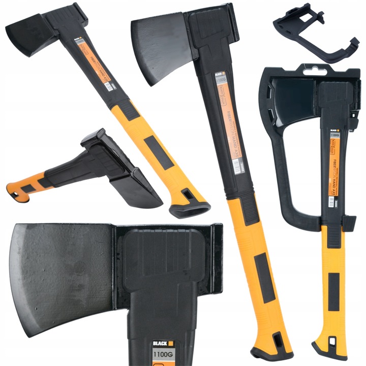 Topor/topor de mana Black 1100G, maner din fibra fibernylon, cu husa de protectie, lungime 45 cm, greutate 1100 g, negru/galben, 1 buc
