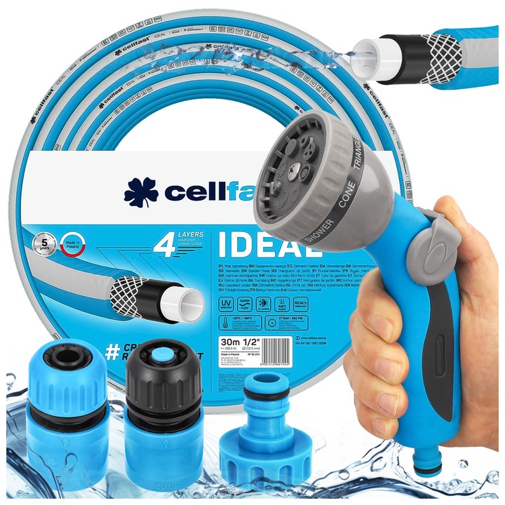 Cellfast Ideal kerti tömlő szett, 4 rétegű tömlő 1/2, 8 funkciós szórópisztoly, gyorscsatlakozók (stop, átmenő) és G3/4 csatlakozó, kék/fehér, 30 m