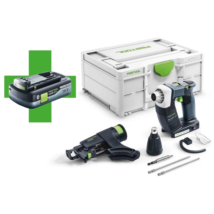 Surubelnita cu acumulator Festool DURADRIVE DWC 18-4500, motor fara perii EC-TEC, 18 V cu acumulator Li-HighPower 4,0 Ah, sistem pentru insurubare in banda, cutie Systainer SYS3 M, gri/verde, 1 set
