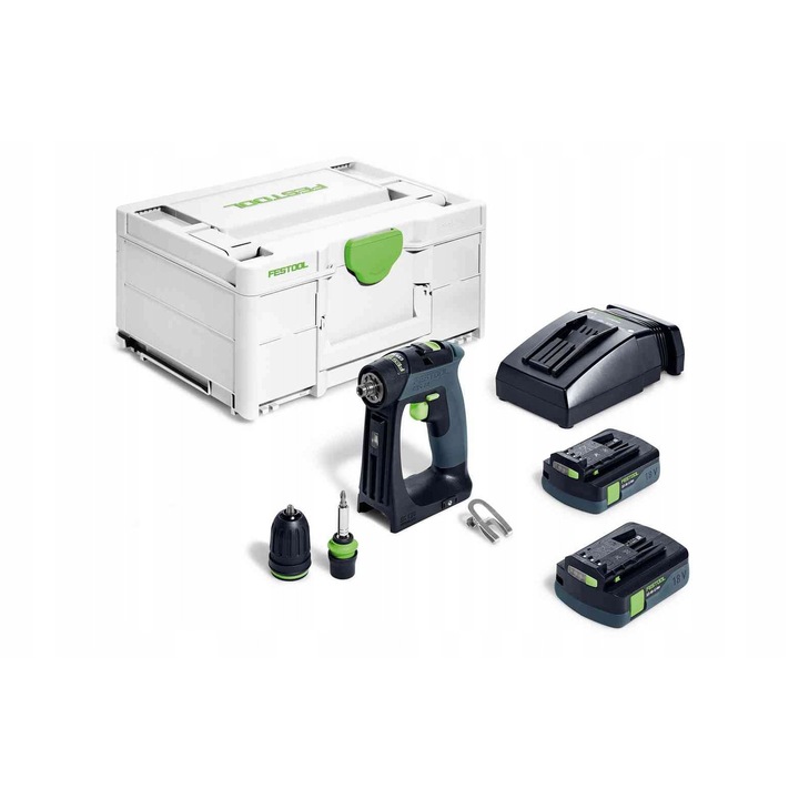 Masina de gaurit si insurubat cu acumulator Festool CXS 18 C 3,0-Plus, motor fara perii EC-TEC, 18 V, 2x acumulator 3,0 Ah, incarcator rapid TCL 6, FastFix si CENTROTEC, mandrina 1-10 mm, negru/verde, set complet