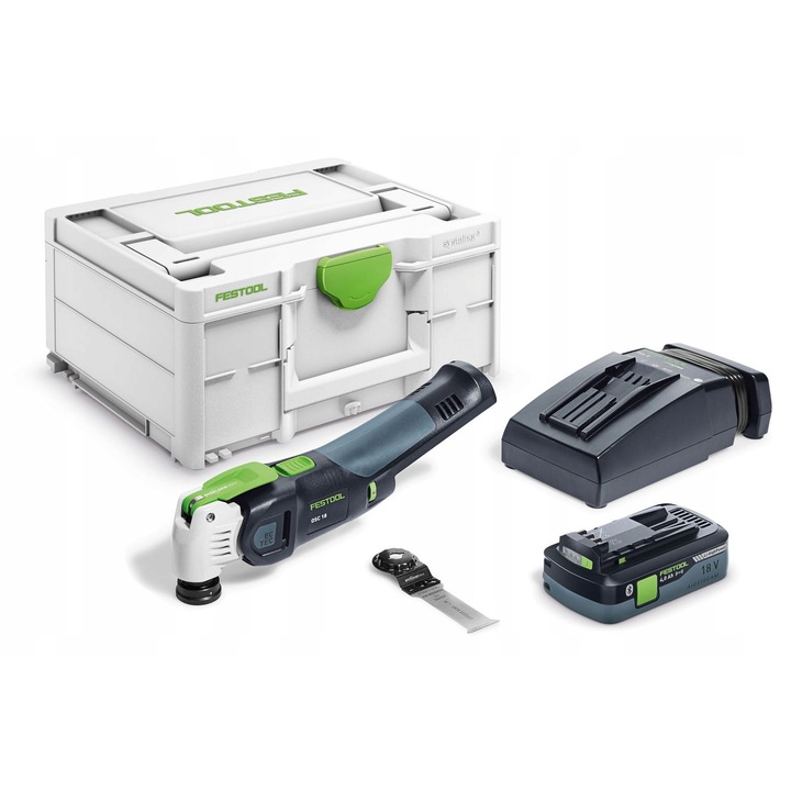 Festool VECTURO OSC 18 HPC 4 EI-Plus multifunkciós szerszám, akkumulátoros 18 V, Li-Ion 4,0 Ah, StarlockMax befogórendszer, EC-TEC motor, gyors tartozékcsere, Szürke/Zöld, 1 szett