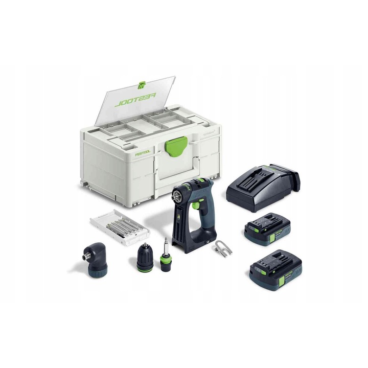 Set scule Festool CXS 18 C 3,0, surubelnita bormasina cu acumulator, motor brushless EC-TEC, 18 V, 3x acumumulatori BP 18 Li 3,0 Ah, incarcator rapid TCL 6, Systainer³ SYS3, verde/gri, 1 set