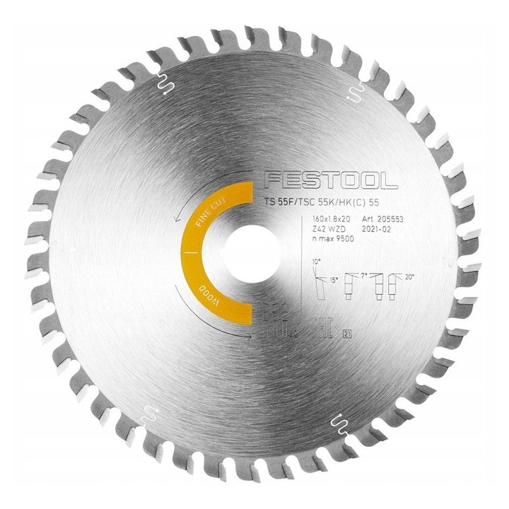 Disc circular/panza circulara Festool WOOD FINE CUT HW 160x1,8x20 WD42, 42 dinti, latime taiere 1,8 mm, argintiu, 1 buc
