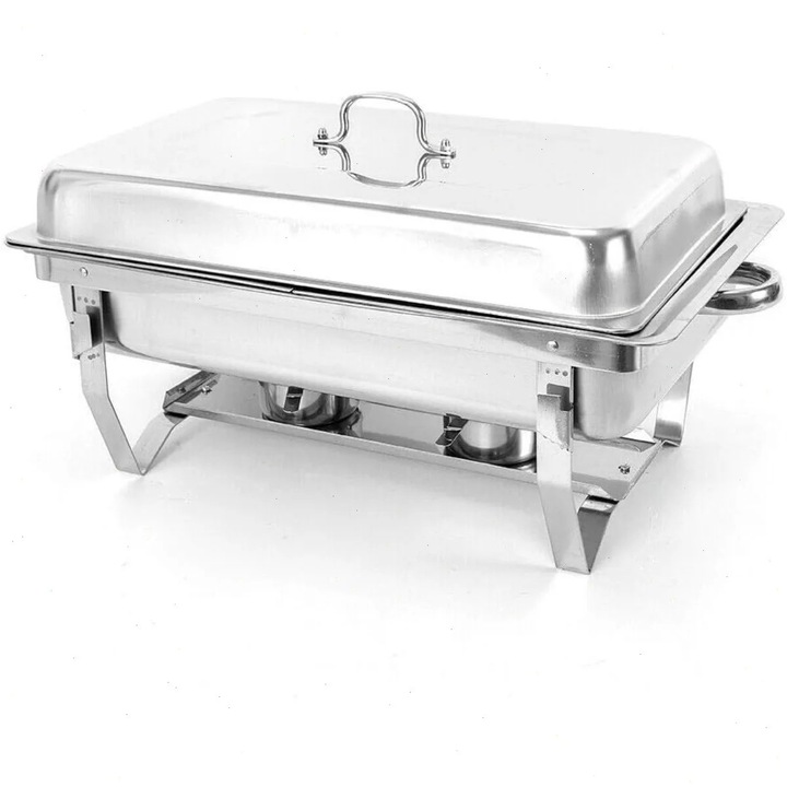 Нагревател за бюфет, Chafing Dish, Капацитет 7,5 л, 2 тави 27×34×6,8 см, Водна баня с горелки, Размер 55,7×34×38,3 см, Сребрист