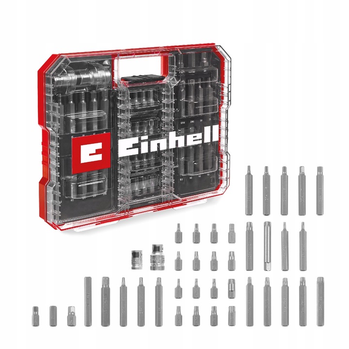 Set 40 bucati, Bituri Einhell XL-CASE 49109032, biti pentru impact din otel CrV 30/75 mm (19 scurti, 19 lungi), adaptor 10 mm→3/8" si 10 mm→1/2", valiza cu capac transparent, rosu/transparent