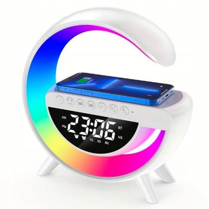 Asztali lámpa 15W vezeték nélküli töltéssel, Bluetooth hangszóróval, órával és ébresztővel, fehér, 23.8x23.5x8cm