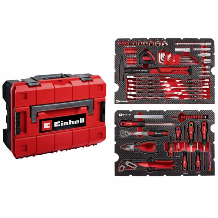 Einhell E-CASE szerszámkészlet, Einhell E-Case rendszerrel kompatibilis szerszámtáska, ütés- és fröccsenésálló polipropilén ház, 2 EVA habbetét, piros/fekete, 80 darab