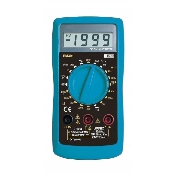 Digitális multiméter/elektromos teszter Emos EM391, AC/DC mérés, áramerősség 10 A-ig, dióda és folytonosság teszt, 3,5 digites kijelző, kék, 1 db.