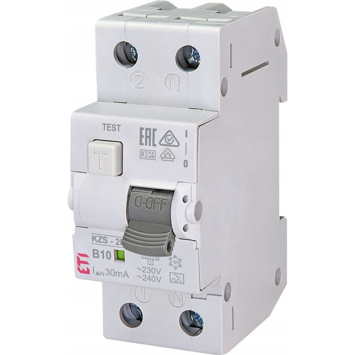 Intrerupator diferential cu protectie la suprasarcina ETI Polam KZS-2M, 2 poli, 10 A, caracteristica B, tip A, 30 mA, Alb, 1 buc
