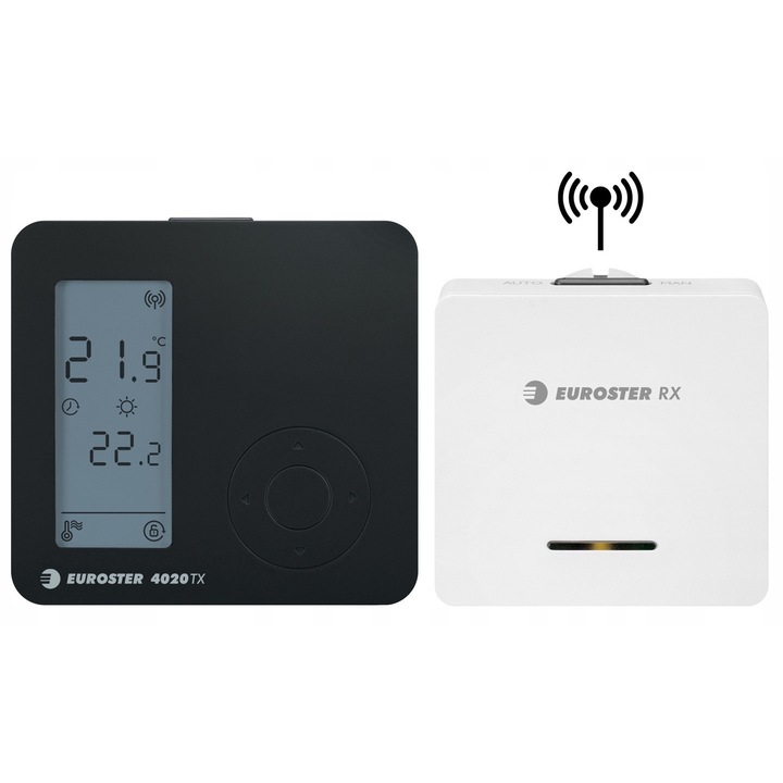Euroster 4010TXRX vezeték nélküli hőmérséklet-szabályzó, napi programozható, RX vevővel együtt, kétirányú kommunikáció, 0,1°C pontosság, 5-35°C szabályozási tartomány, fekete, szett