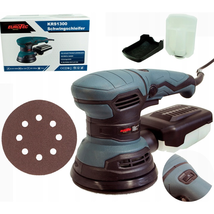 Eurotec KRS1300 excentercsiszoló, fordulatszám-szabályozással, 1300W, o125mm talp, tépőzáras rögzítés, porzsákkal és P80 csiszolókoronggal, Zöld/Fekete, 1 db