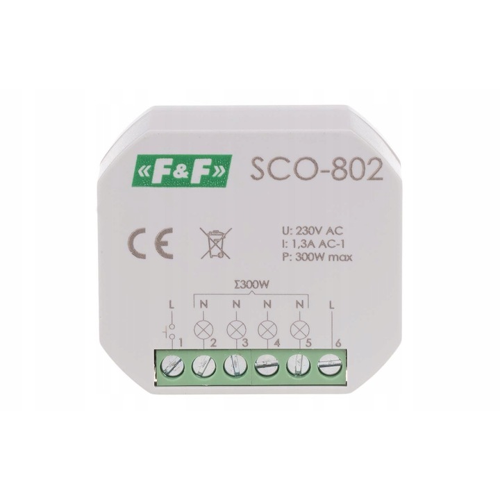 F&F SCO-802 fényerőszabályzó (dimmer) izzó- és halogénlámpákhoz, 300W, 230V AC, állapotmemóriával, fehér