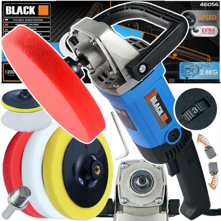 Elektromos polírozó / polisher Black 46056, 1200W, fordulatszám-szabályozás 300-3000 ford./perc, tárcsa 180 mm, M14 menet, 3 db 175 mm-es padot tartalmaz, kék, 1 db
