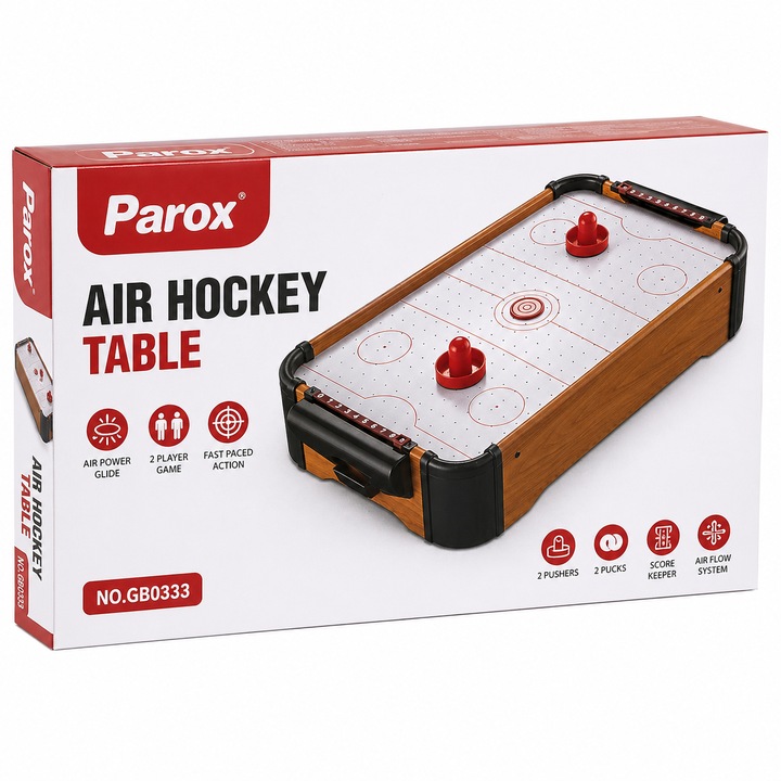 Parox Air Hockey Asztal 56x30.5 cm, Interaktív Játék Gyermekeknek, 2 Játékos, 2 Ütő + 2 Korong, 8x AA Tápellátás, GB0333 Modell