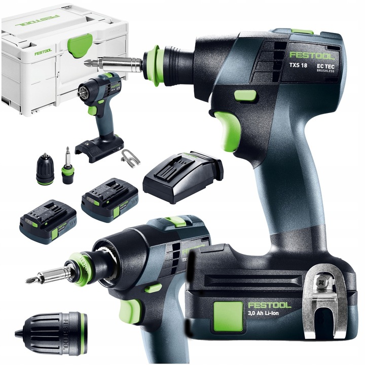 Bormasina cu acumulator Festool TXS 18 C 3,0-Plus, 18 V, 3,0 Ah, motor fara perii, 13 trepte, FastFix/CENTROTEC, set complet cu 2 baterii si incarcator, gri/verde, 1 set