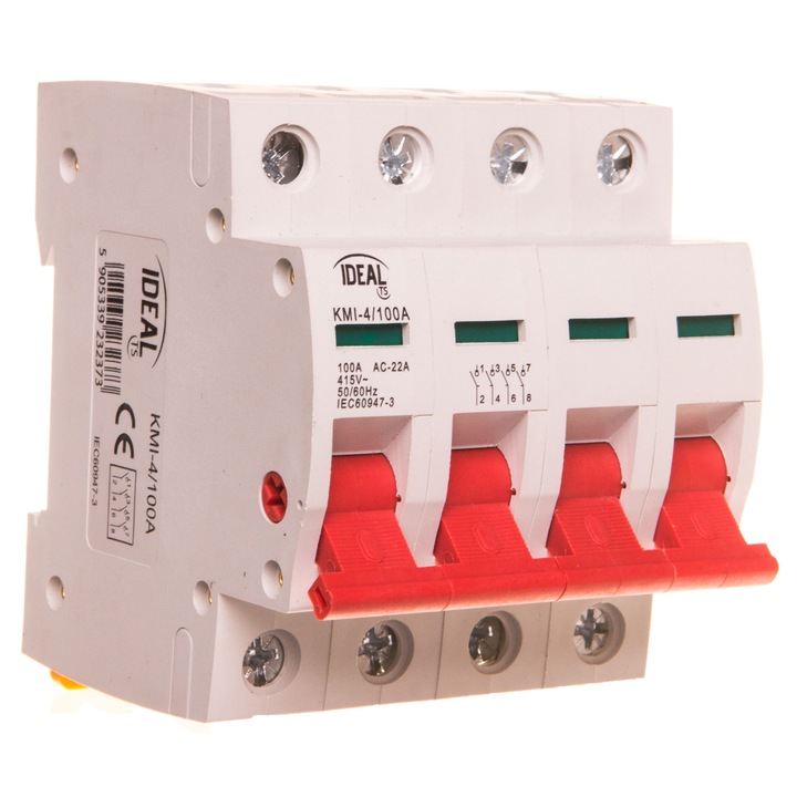 Модулен изолиран разединител Kanlux KMI-4/100A, 4 полюса, 100A, AC-22A, 400V, винтова връзка, бял, 1 бр