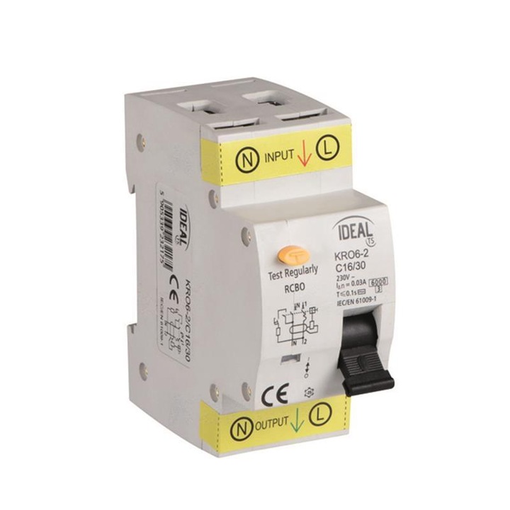 Intrerupator diferential (RCBO) cu protectie la supracurent, Kanlux KRO6-2/C16/30, 16A, 30mA, tip AC, 6kA, alb, 1 buc