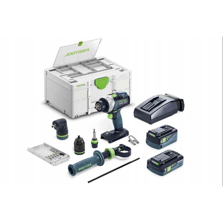 Masina de gaurit si insurubat cu acumulator Festool QUADRIVE TDC 18/4 5,0/4,0, fara perii EC-TEC, 4 trepte, 18 V, moment max 75 Nm, acumulatori 4,0/5,0 Ah, Systainer inclus, verde/gri, 1 set