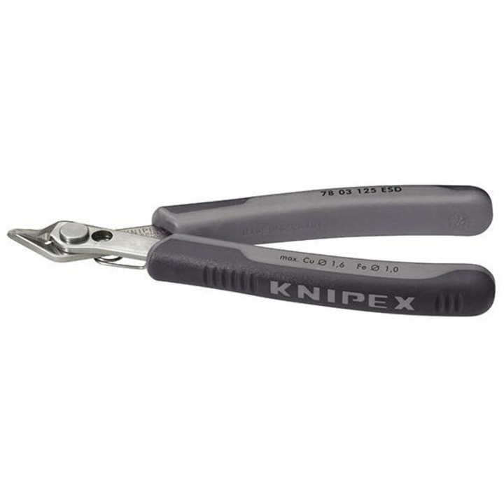 Knipex 78 03 125 ESD oldalcsípőfogó, ESD elektronikai fogó precíziós munkához, rozsdamentes acélból, köszörült pengék 54 HRC, elektrosztatikusan disszipatív markolatok, szürke, 125 mm