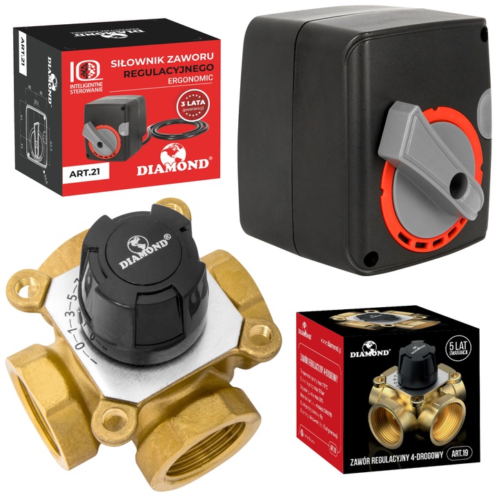 Set supapa de reglare 4 cai 1" DIAMOND, cu actuator 230V, control 3-puncte, moment 6 Nm, bronz/negru, 1 set
