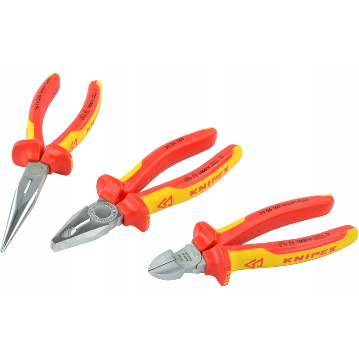 Set 3 bucati, Clesti Knipex 00 20 12, izolati VDE 1000 V, in blister, universal 180 mm, taietori laterali 160 mm, cleste Cobra 250 mm, rosu/galben