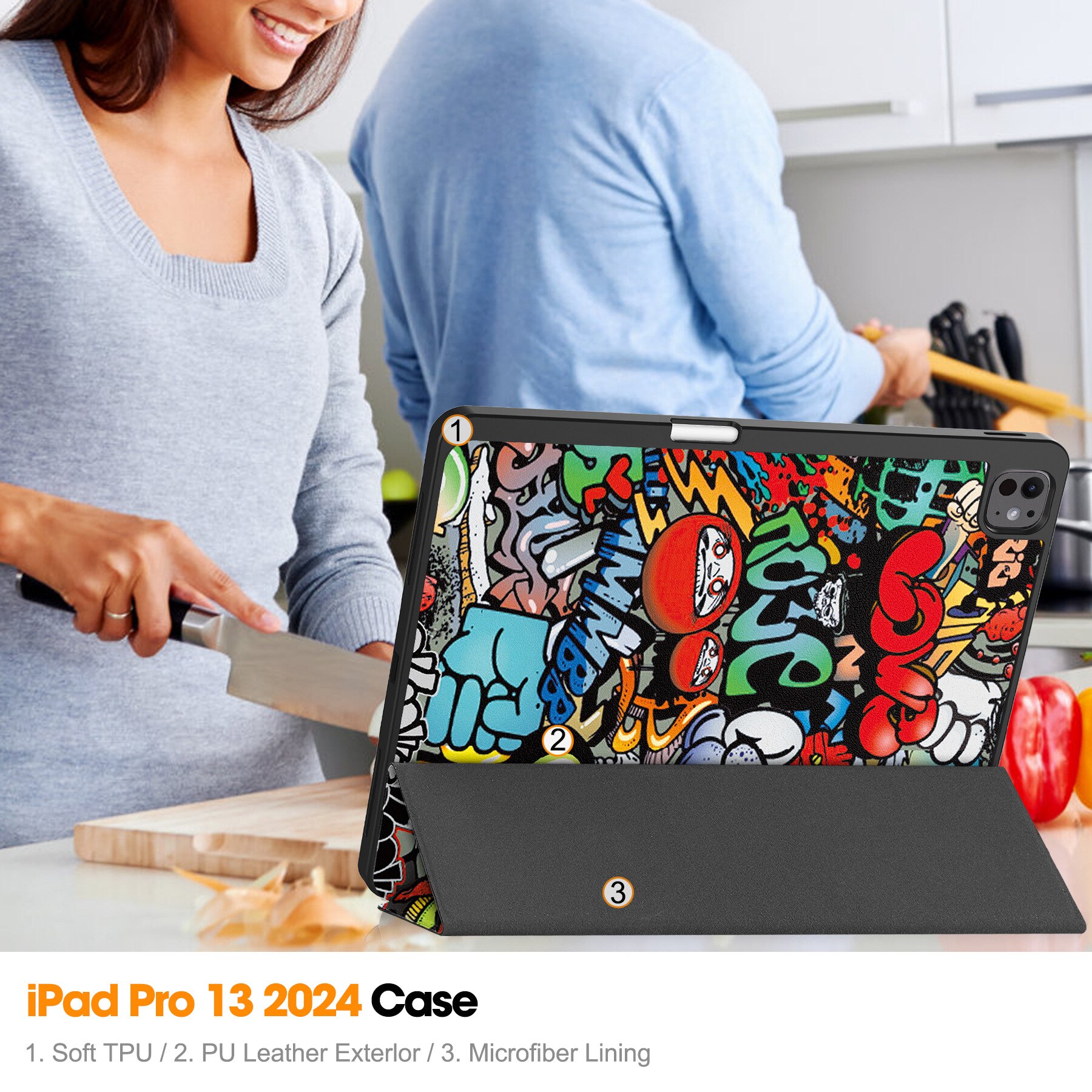Husa pentru iPad Pro 13" 2024, Zeguer, Design Graffiti, cu Slot pentru Pencil, Functie Sleep/Wake, TPU Antisoc, Suport Triplu