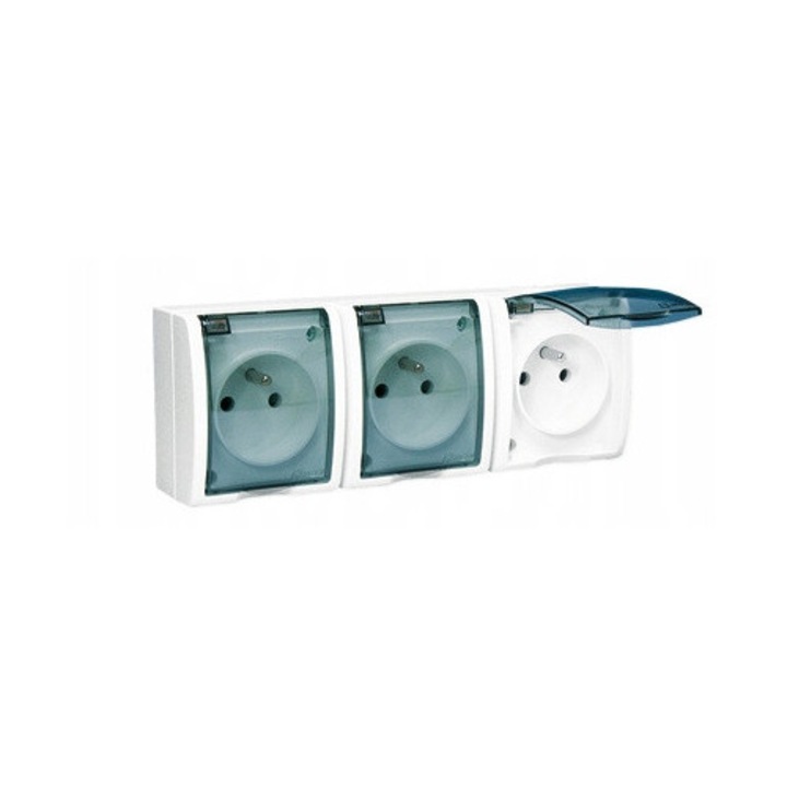 Priza triplu Kontakt-Simon Aquarius, IP54, alb, 16A, 250V, 3 module, capac transparent