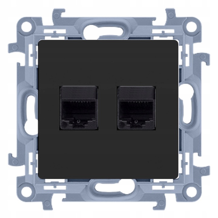 Priza retea dubla RJ45 Kontakt-Simon 10 C52.01/49, modulara, Cat.5e (Gigabit Ethernet), montaj incastrat, policarbonat fara halogeni, Negru mat